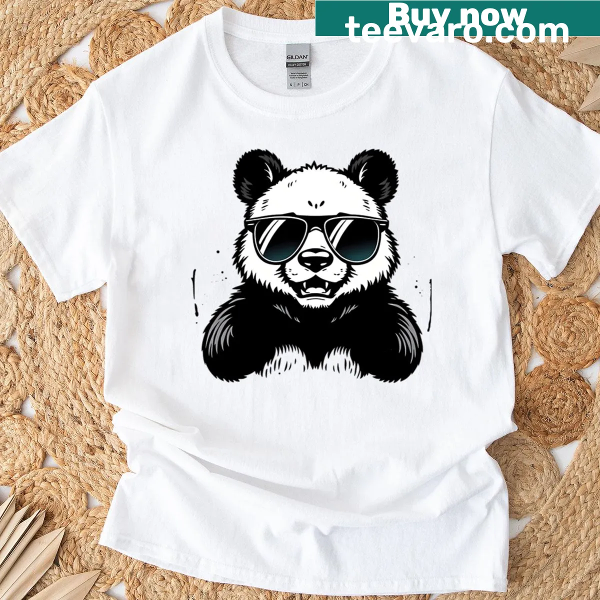Retro panda T-shirt with sunglasses and bamboo design — on a men's t-shirt