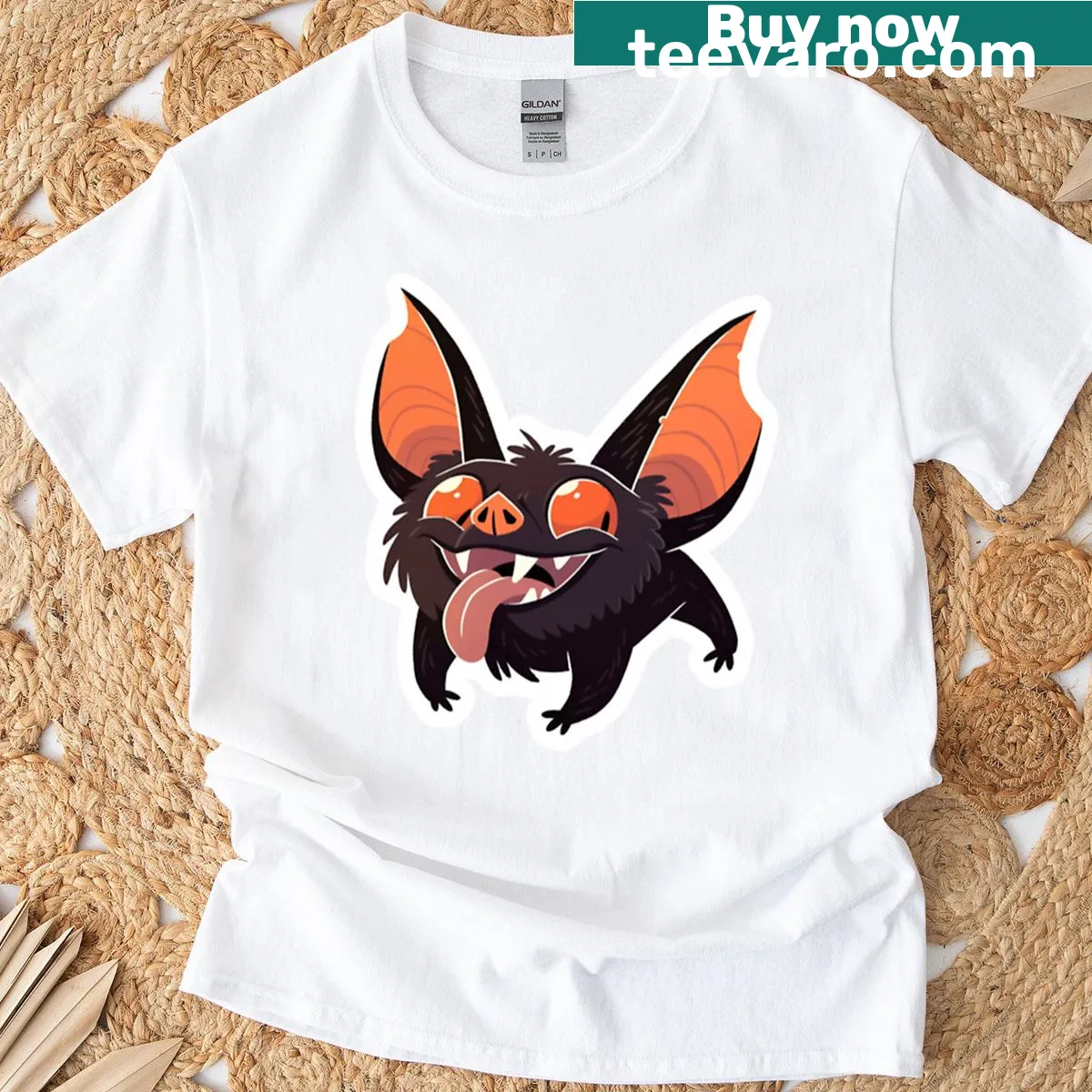 Retro bat-themed Halloween T-shirt — on a men's t-shirt