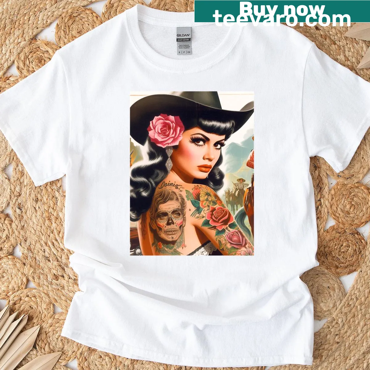 Illustration of a retro cowgirl design on a T-shirt — on a men's t-shirt