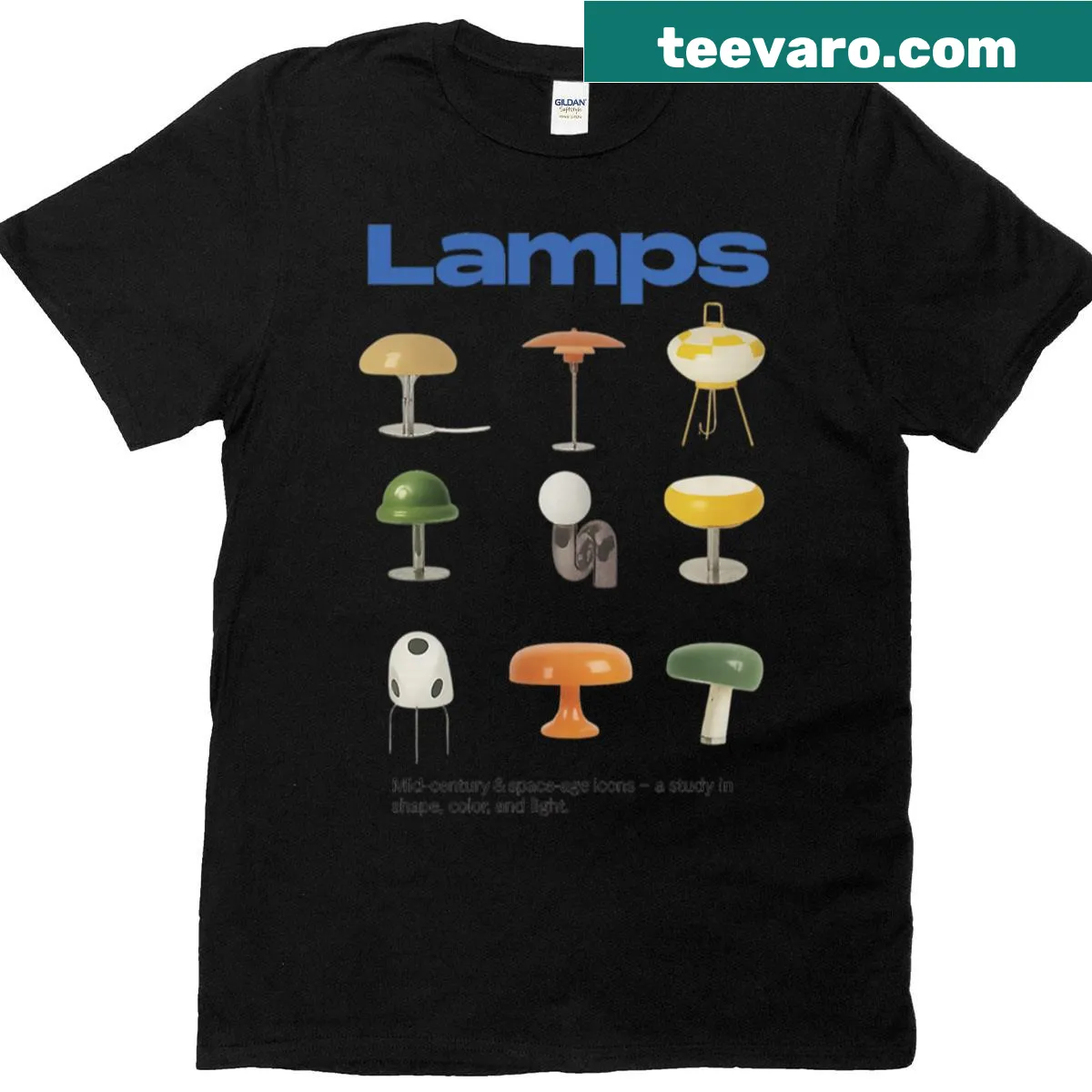 Vintage-style t-shirt featuring a graphic of retro lamps — on a men's t-shirt