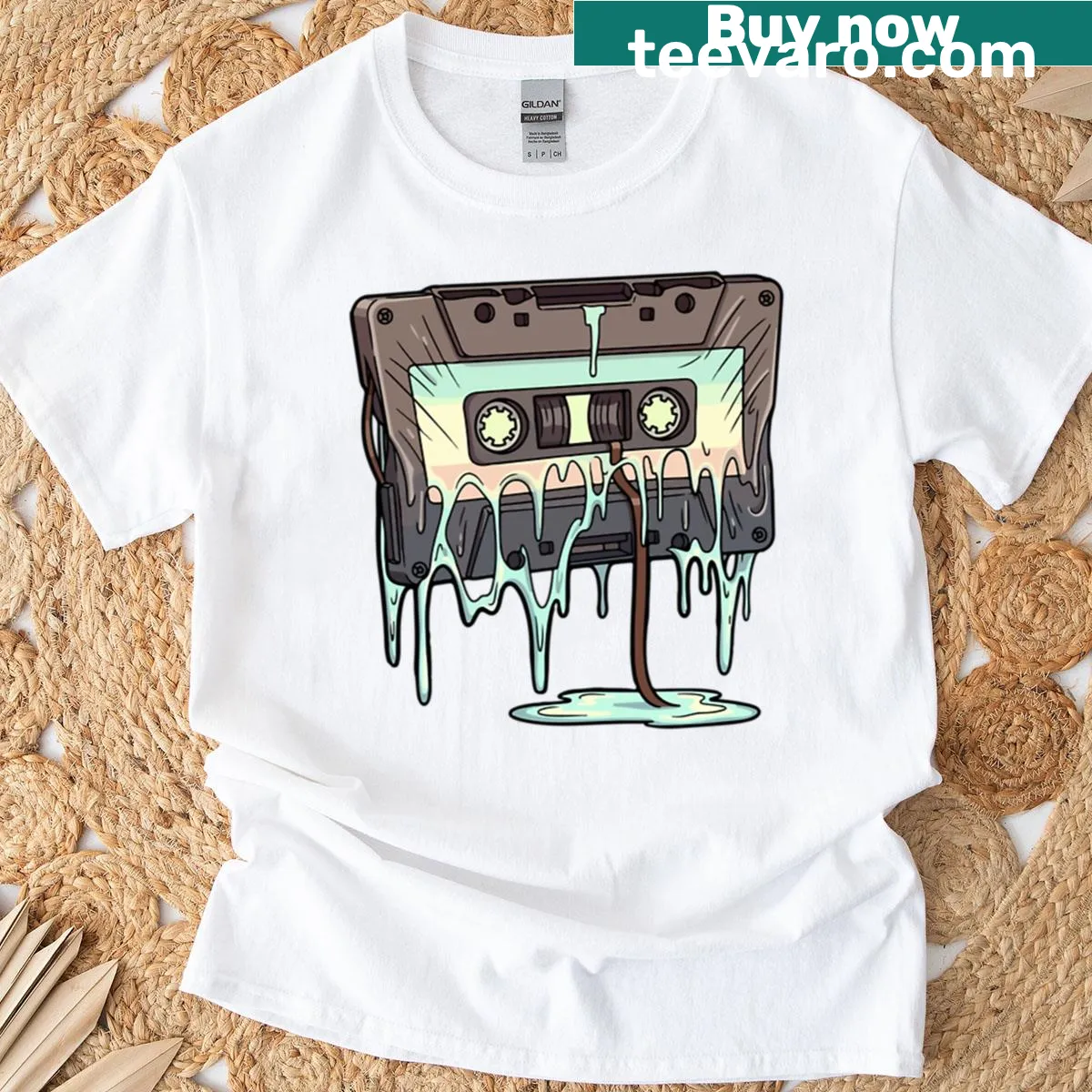 Oversized t-shirt with a melting cassette tape graphic in vintage style. — on a men's t-shirt