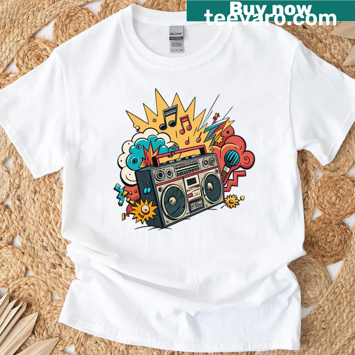 Retro t-shirt featuring a dynamic hip-hop musical graphic — on a men's t-shirt