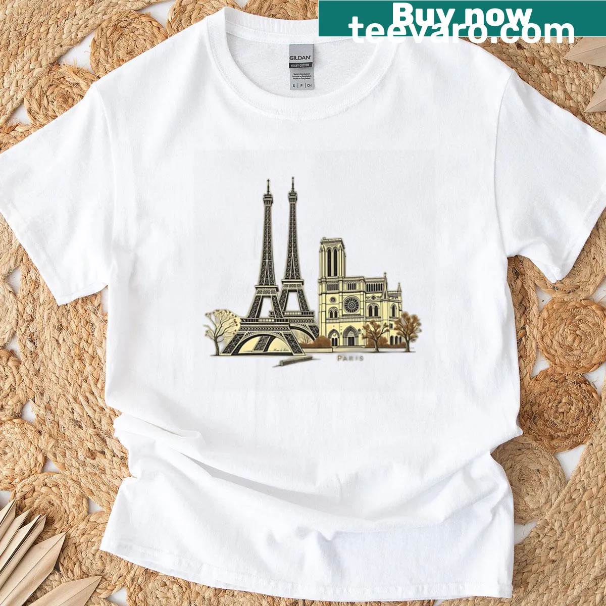 Vintage shirt with Eiffel Tower and Notre-Dame graphic — on a men's t-shirt