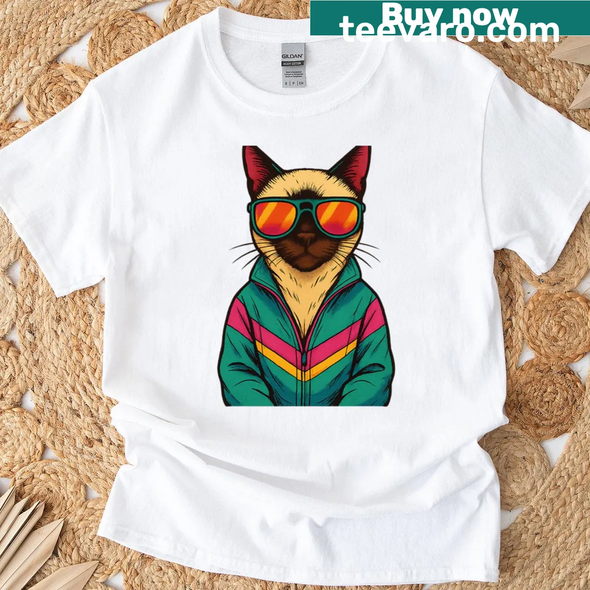 Retro-style t-shirt featuring a Siamese cat with Miami vibes. — on a men's t-shirt