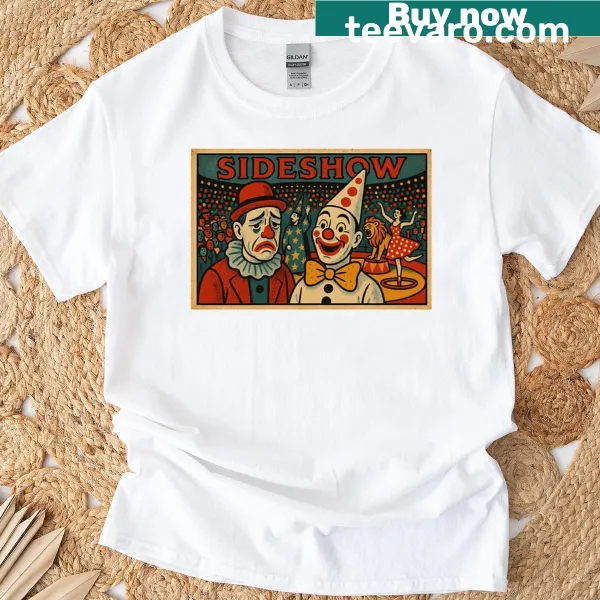Vintage sideshow clown graphic on a t-shirt