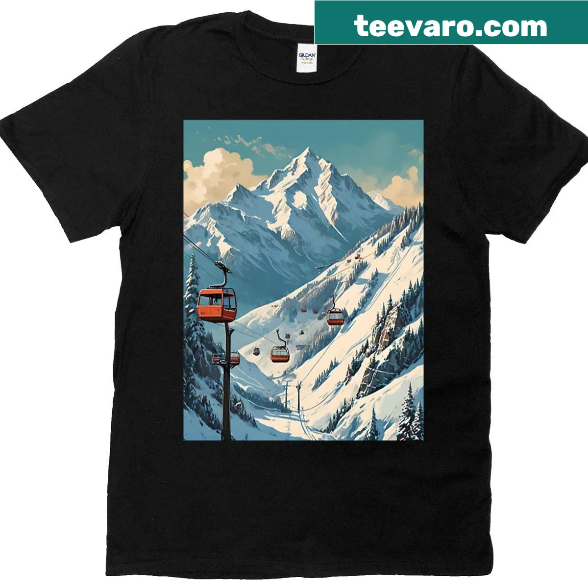 Retro ski poster design graphic T-shirt featuring vintage style — on a men's t-shirt