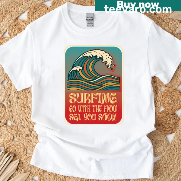 Retro surfing t-shirt with wave design and 'Go With The Flow' text