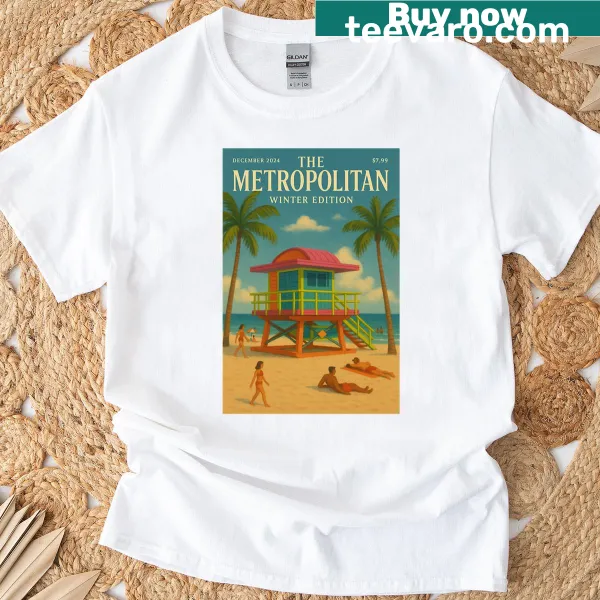 Beach scene illustration on winter-themed t-shirt