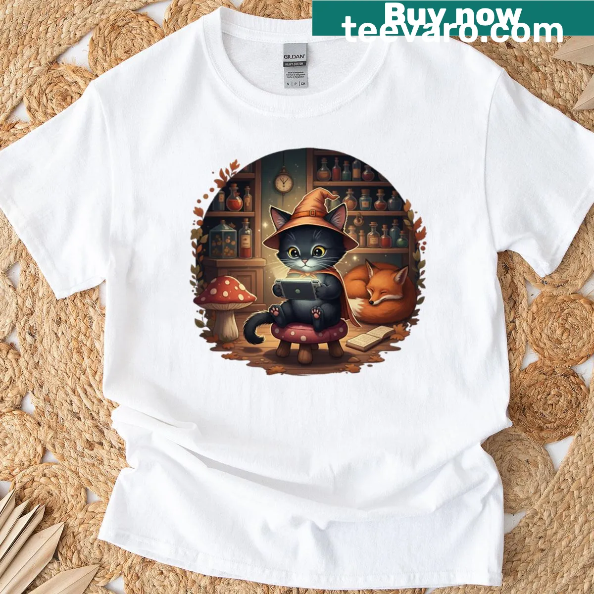 Cartoon-style gaming cat wearing witch hat on t-shirt — on a men's t-shirt