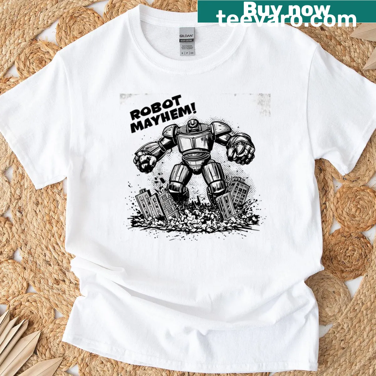 Vintage comic graphic of robots on an oversized t-shirt. — on a men's t-shirt