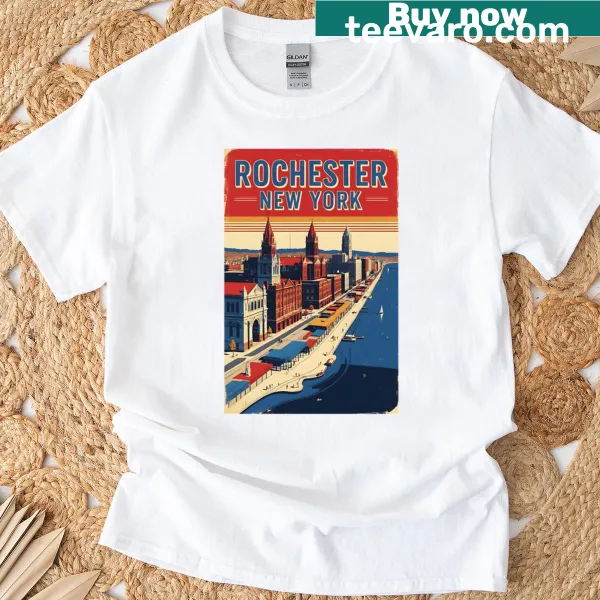 Vintage-style t-shirt featuring Rochester, New York tourism graphic.