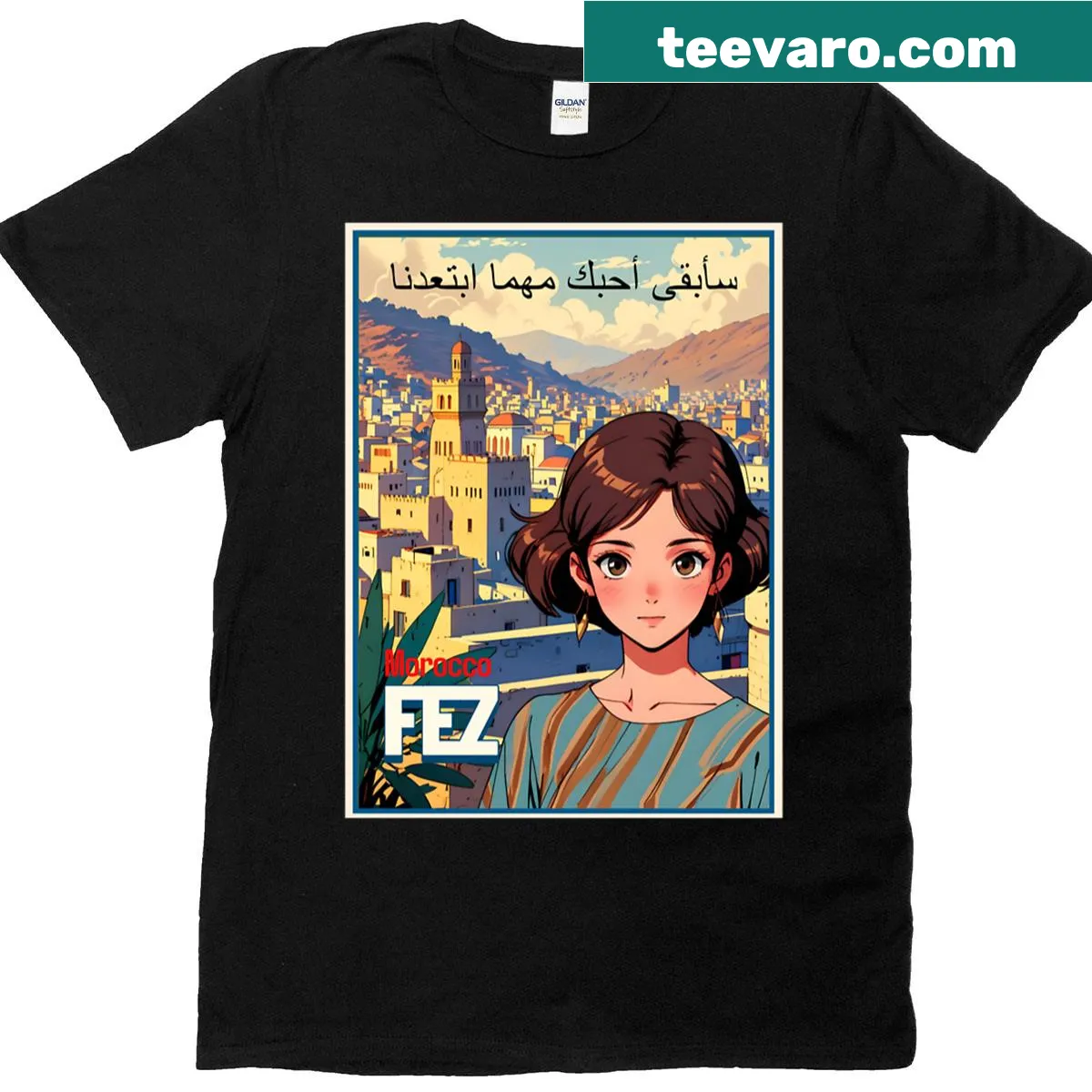 Oversized tee with an anime girl in Moroccan attire and love phrases — on a men's t-shirt