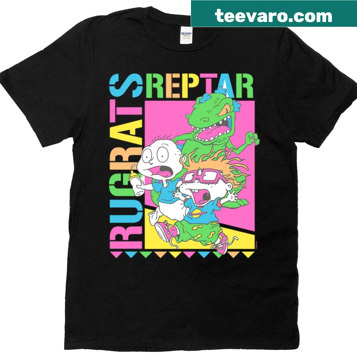 Vintage Rugrats T-shirt with Tommy and Chuckie running from Reptar — on a men's t-shirt
