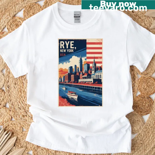 Vintage travel design featuring Rye, New York from the 1950s