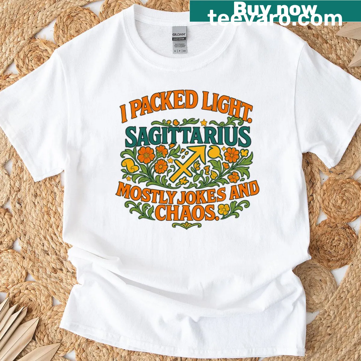 Art nouveau style Sagittarius graphic T-shirt with humor — on a men's t-shirt