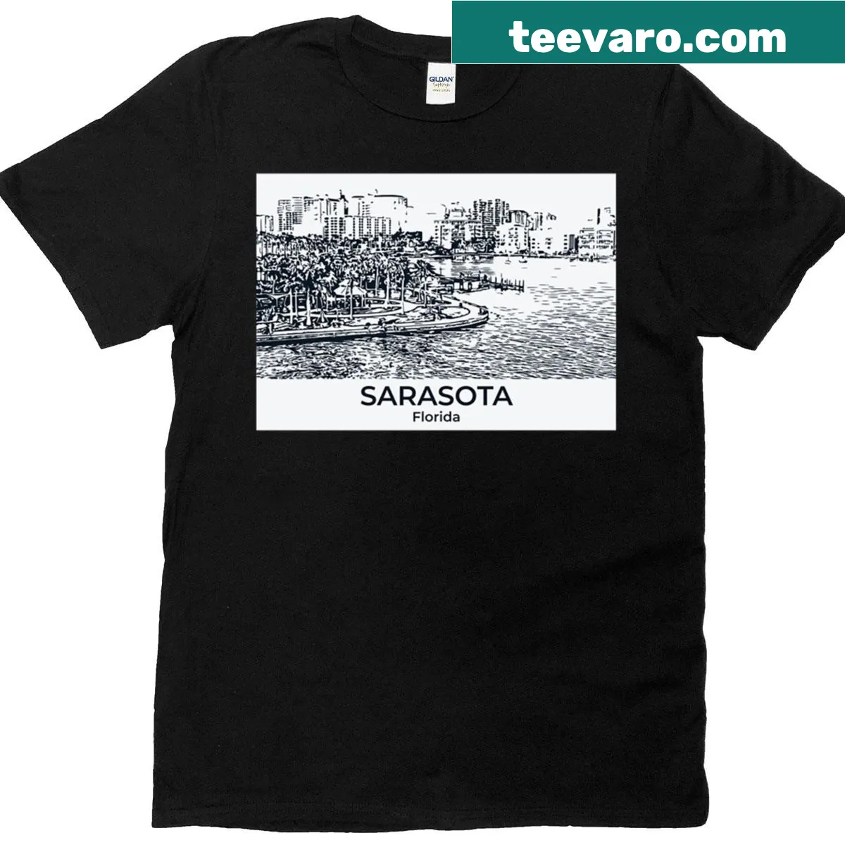 T-shirt featuring a graphic celebrating Sarasota, Florida — on a men's t-shirt