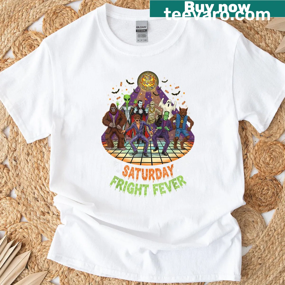 Retro pumpkin disco ball design for Halloween T-shirt — on a men's t-shirt