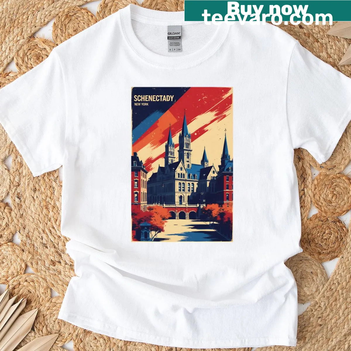 Vintage travel T-shirt featuring Schenectady, New York from the 1950s — on a men's t-shirt