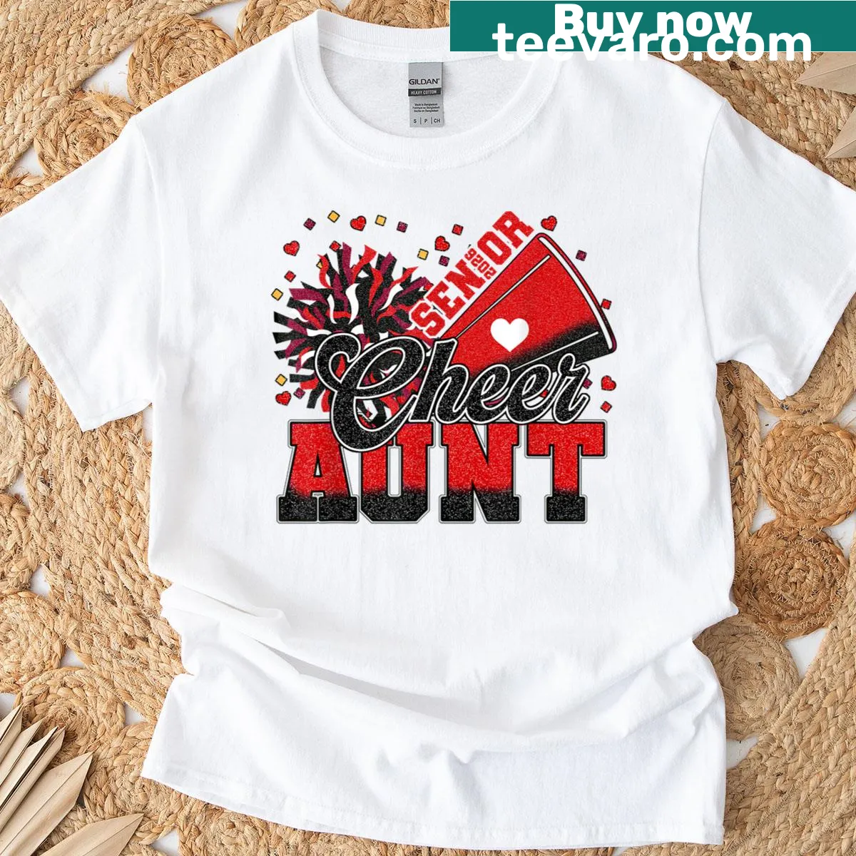 Vintage-style t-shirt for a Senior Cheer Aunt with red and black colors. — on a men's t-shirt