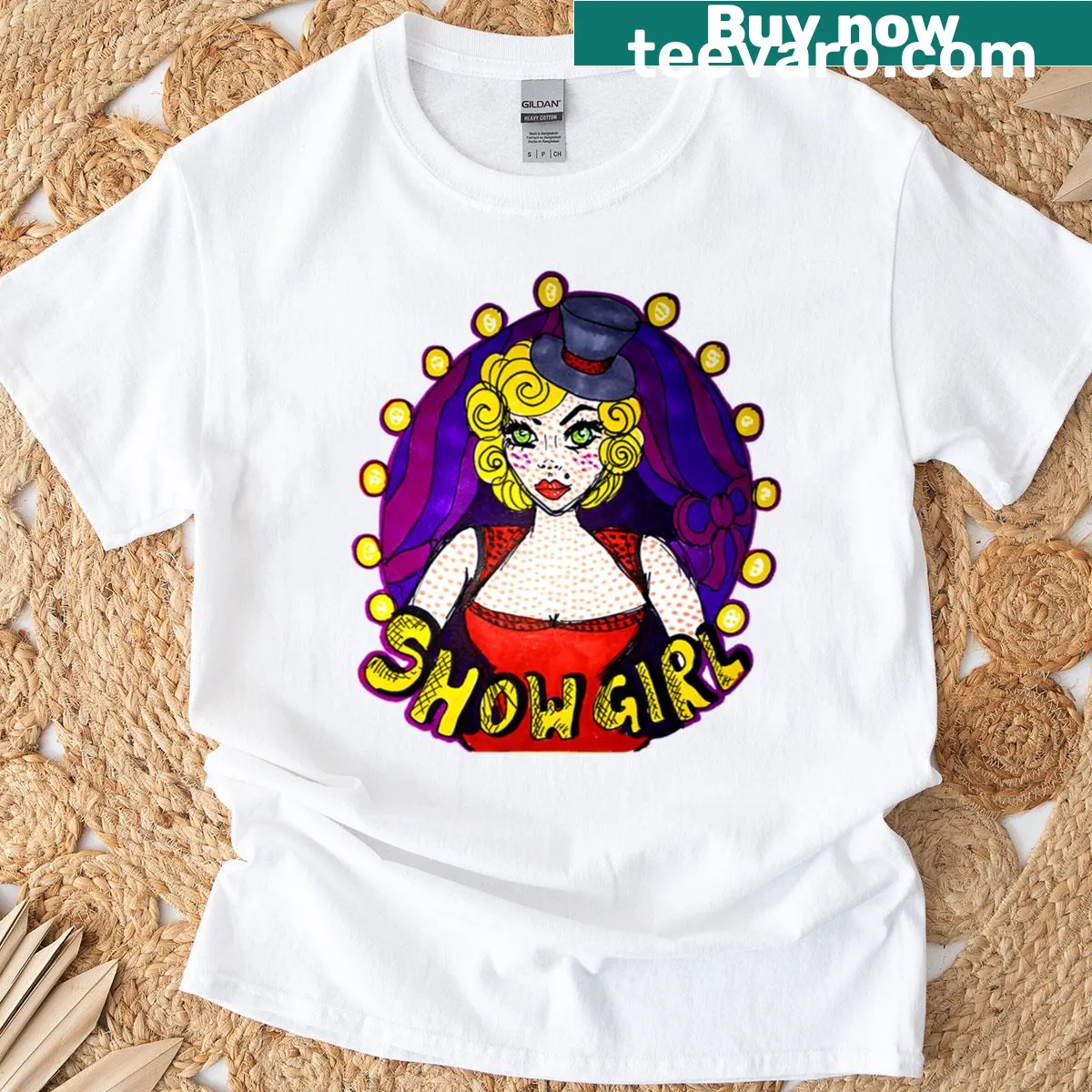 Pop art showgirl illustration T-shirt featuring a girl in a red dress. — on a men's t-shirt