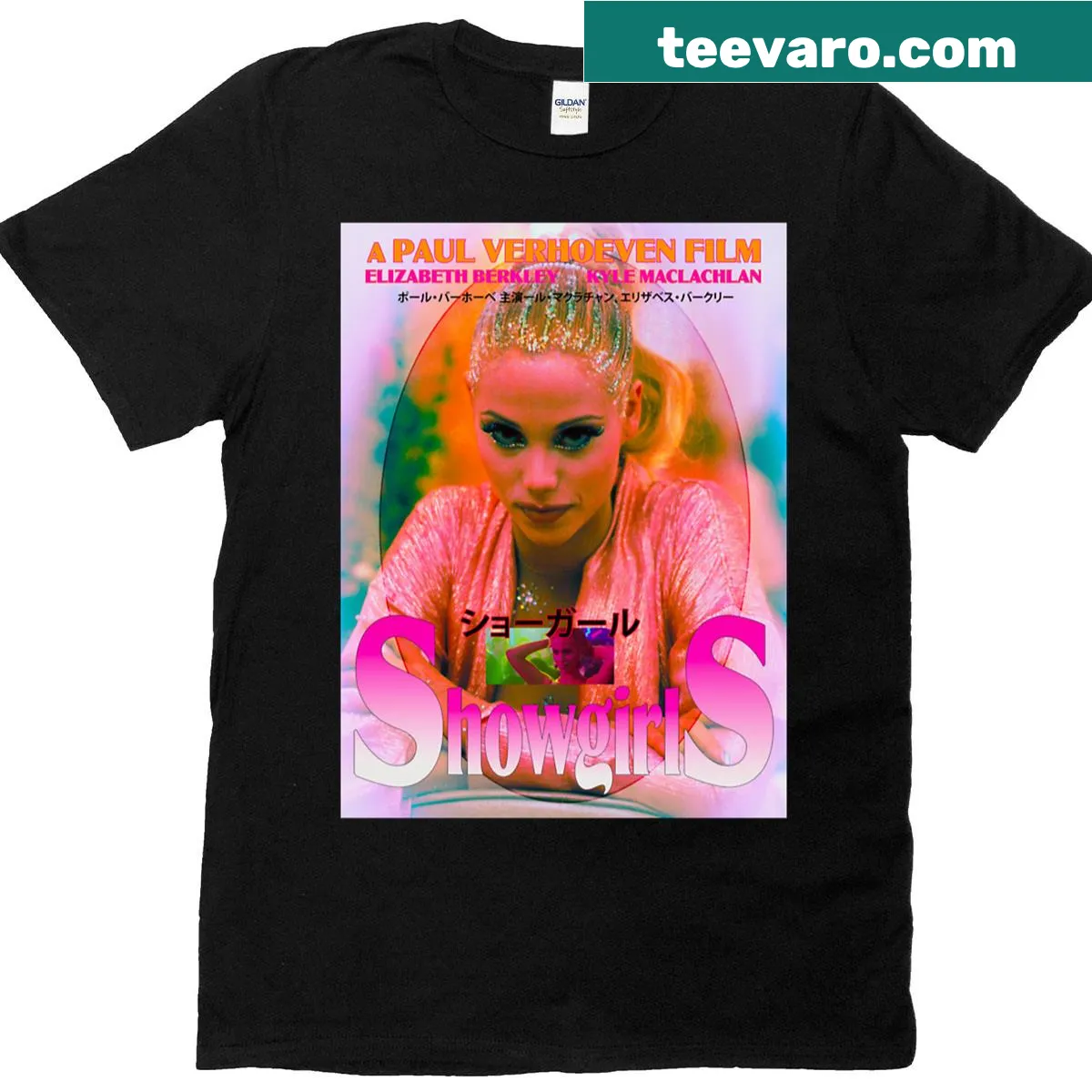 Vintage poster-inspired T-shirt featuring showgirls design — on a men's t-shirt