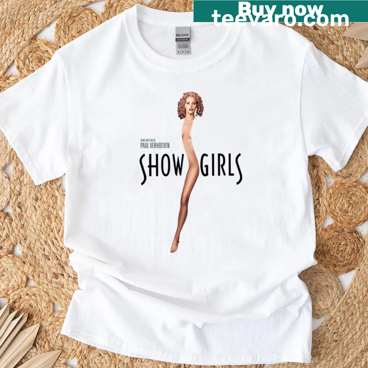 Illustrative Showgrils Paul Verhoeven t-shirt with film theme — on a men's t-shirt