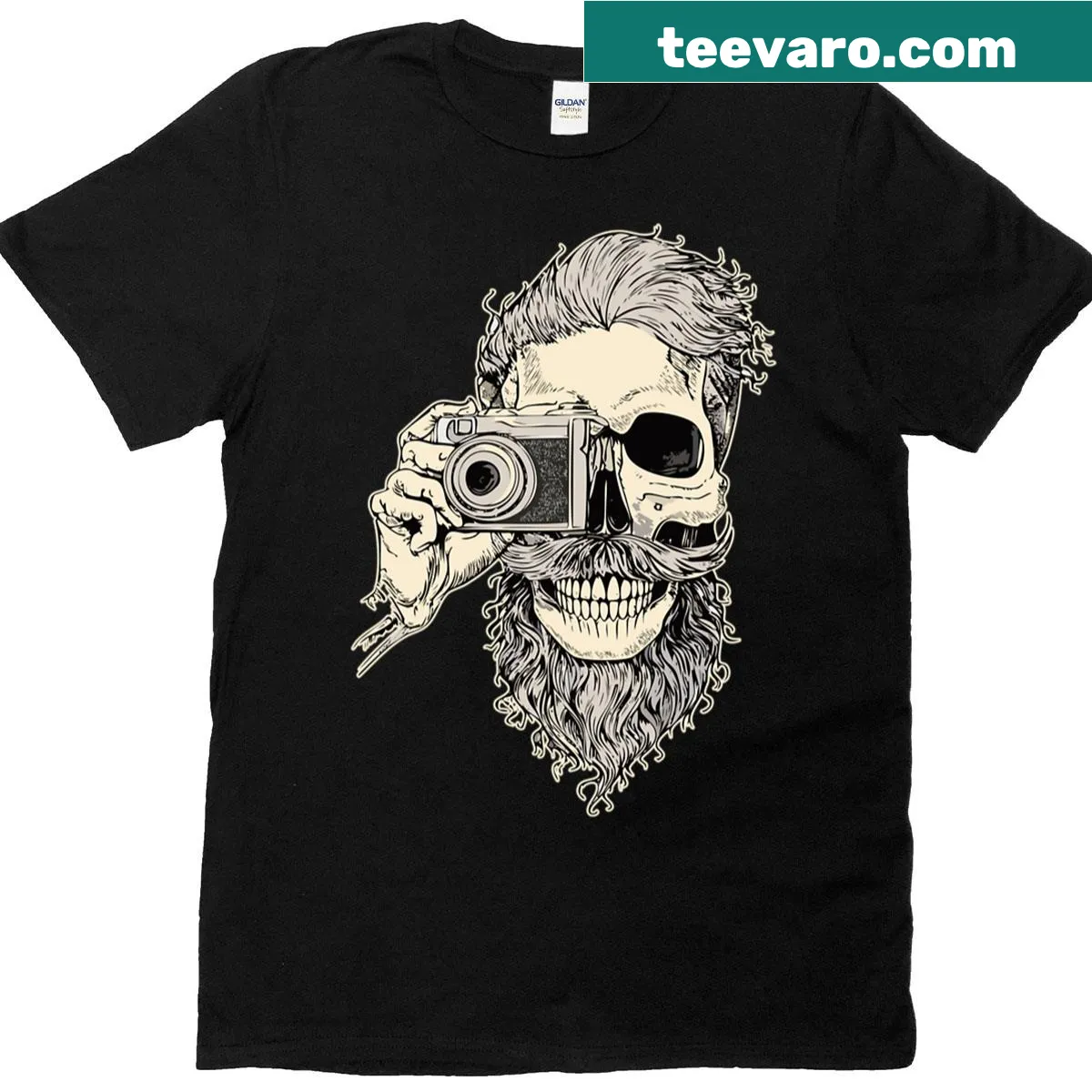 Black and white sketch of a skull with a beard and camera — on a men's t-shirt