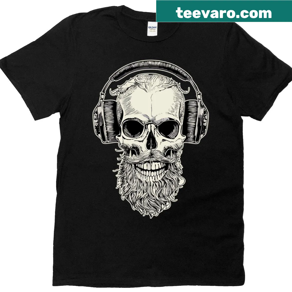 Black and white sketch of a skull with beard and headphones on tee — on a men's t-shirt
