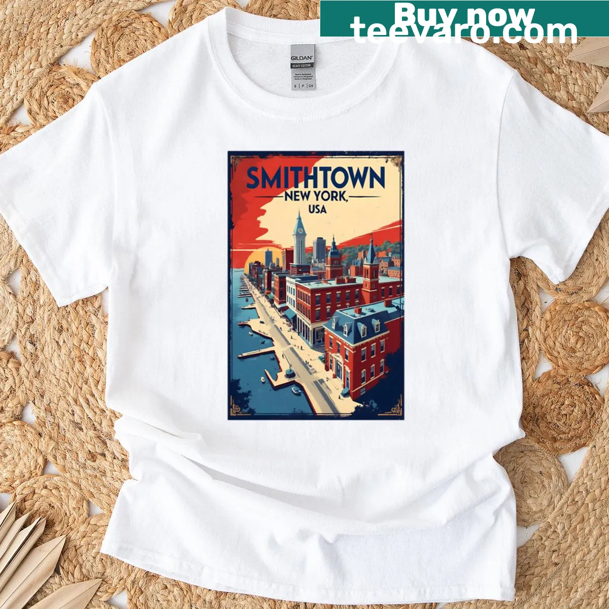 Vintage travel-themed Smithtown New York t-shirt celebrating the 1950s — on a men's t-shirt