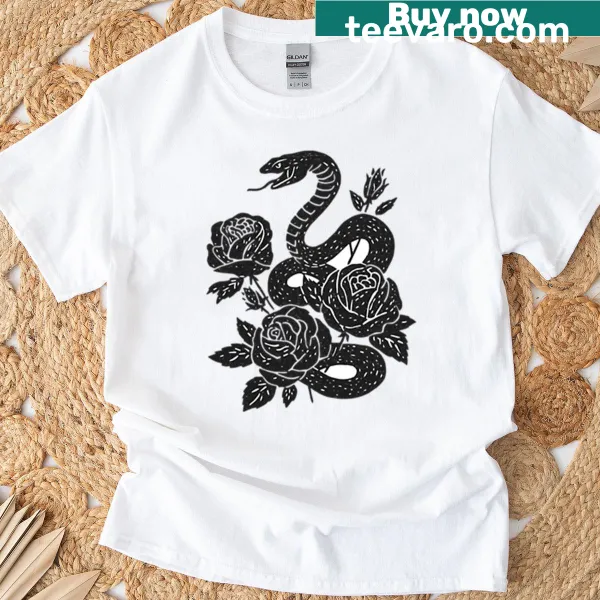 Gothic design of snakes and roses on a T-shirt