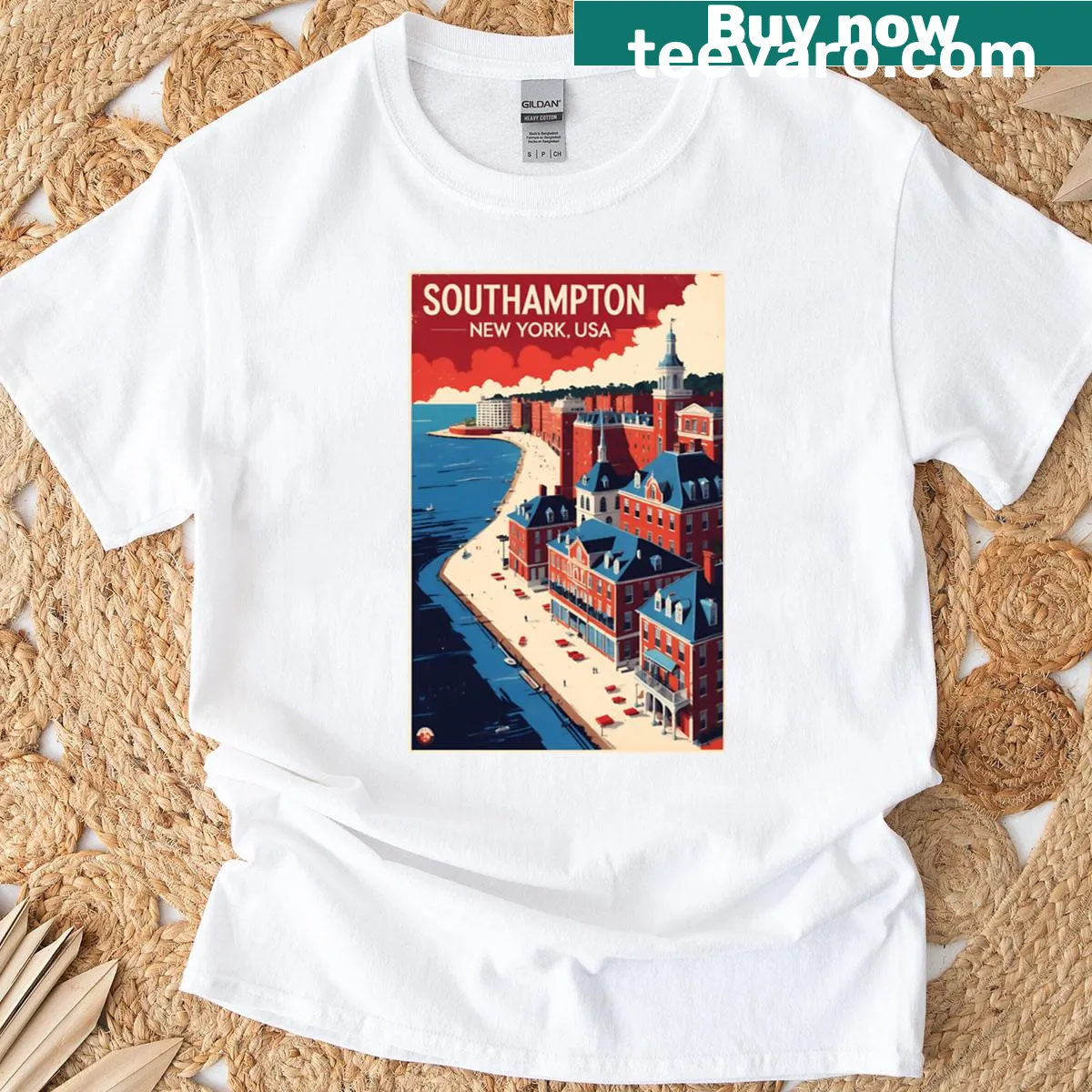 Vintage travel-themed T-shirt showcasing Southampton, New York from the 1950s. — on a men's t-shirt