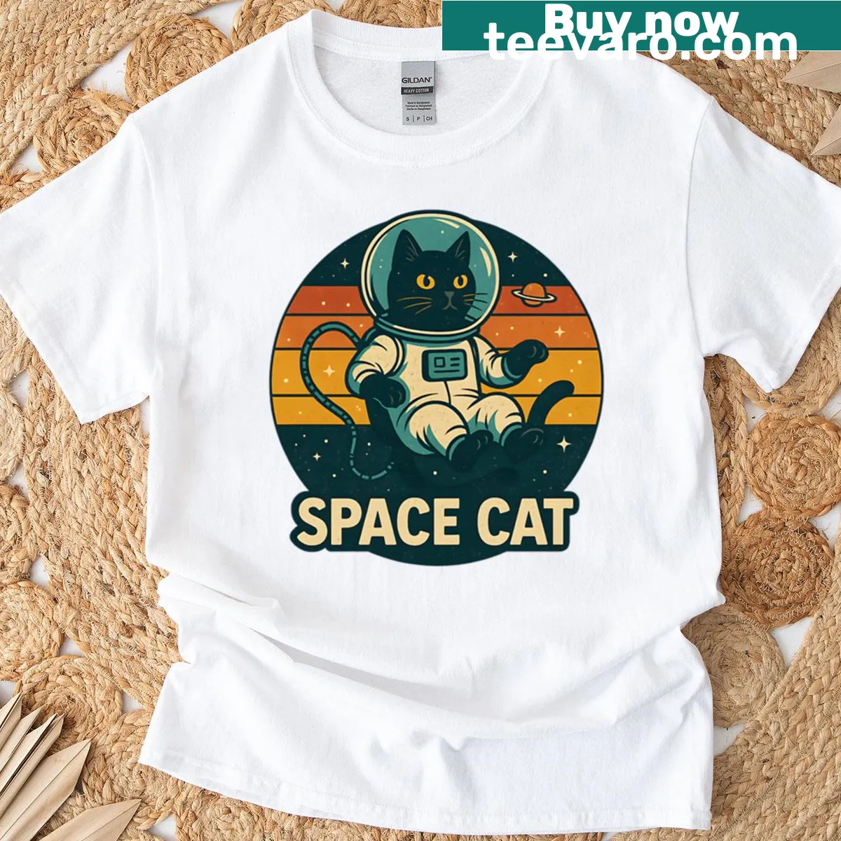 Retro astronaut cat design on a playful t-shirt — on a men's t-shirt