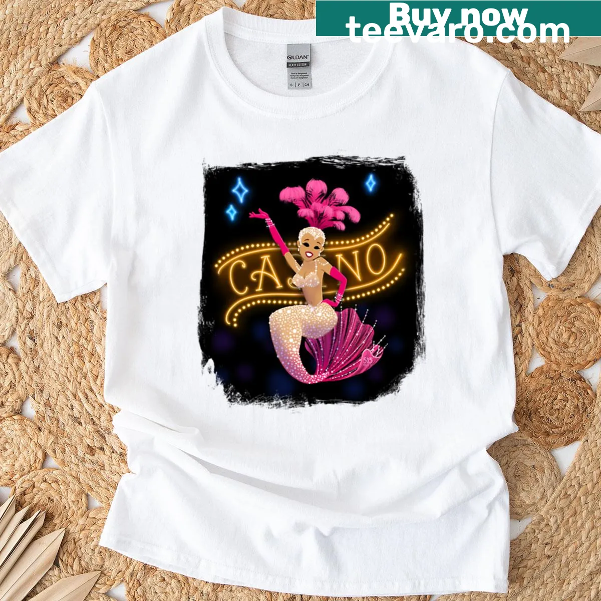 Whimsical T-shirt featuring a showgirl mermaid design. — on a men's t-shirt