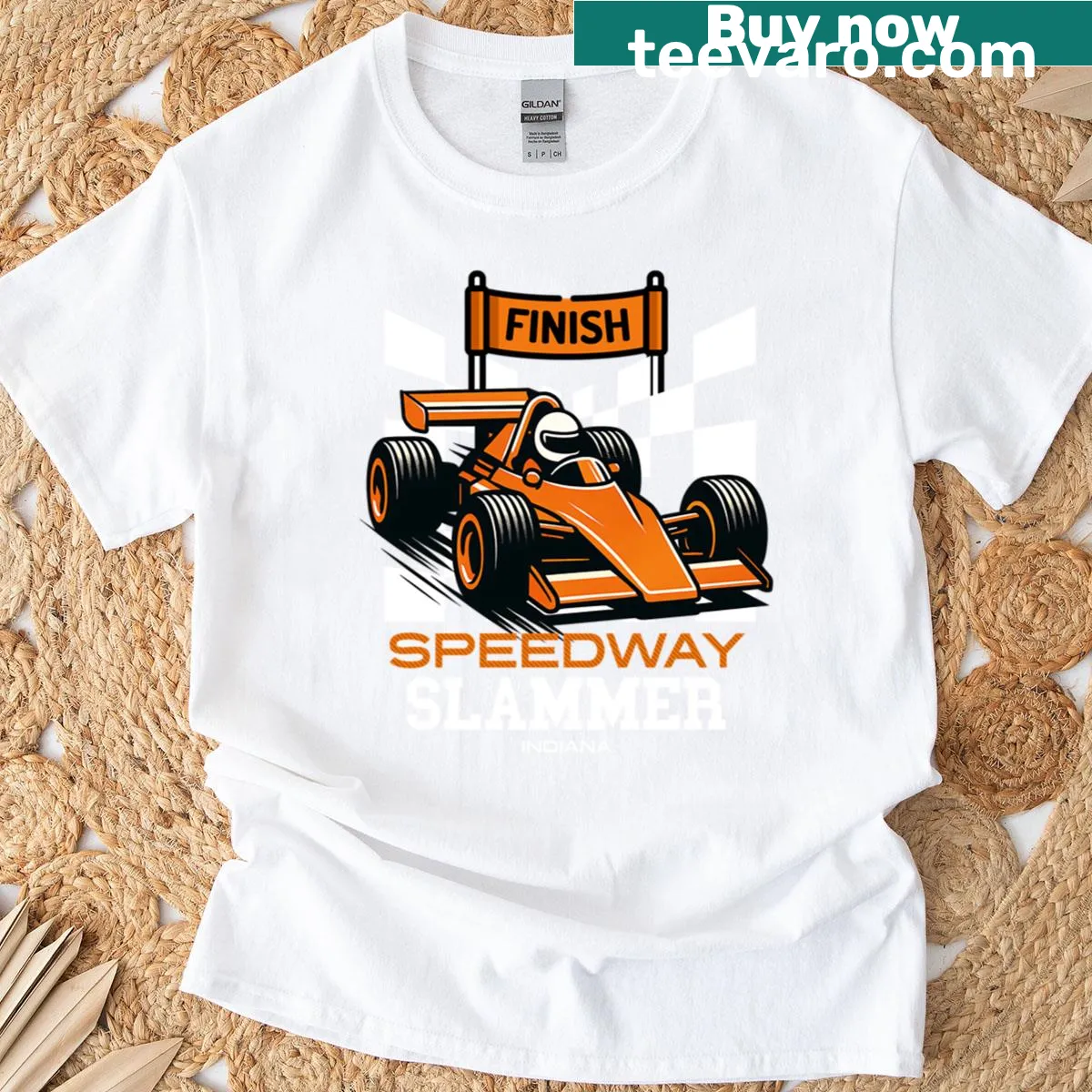 Bold oversized t-shirt featuring a speedway-themed design — on a men's t-shirt