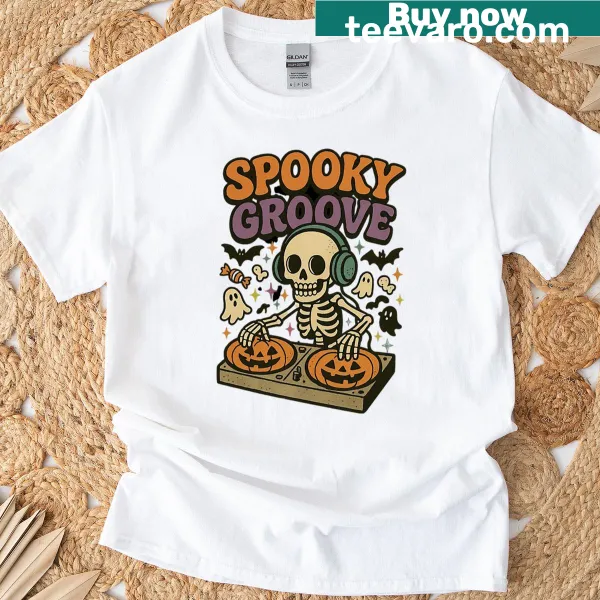 DJ skeleton illustration T-shirt for Halloween with spooky vibes.