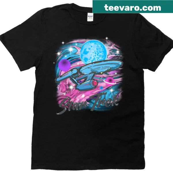 Retro airbrush design of Starship Enterprise on a t-shirt