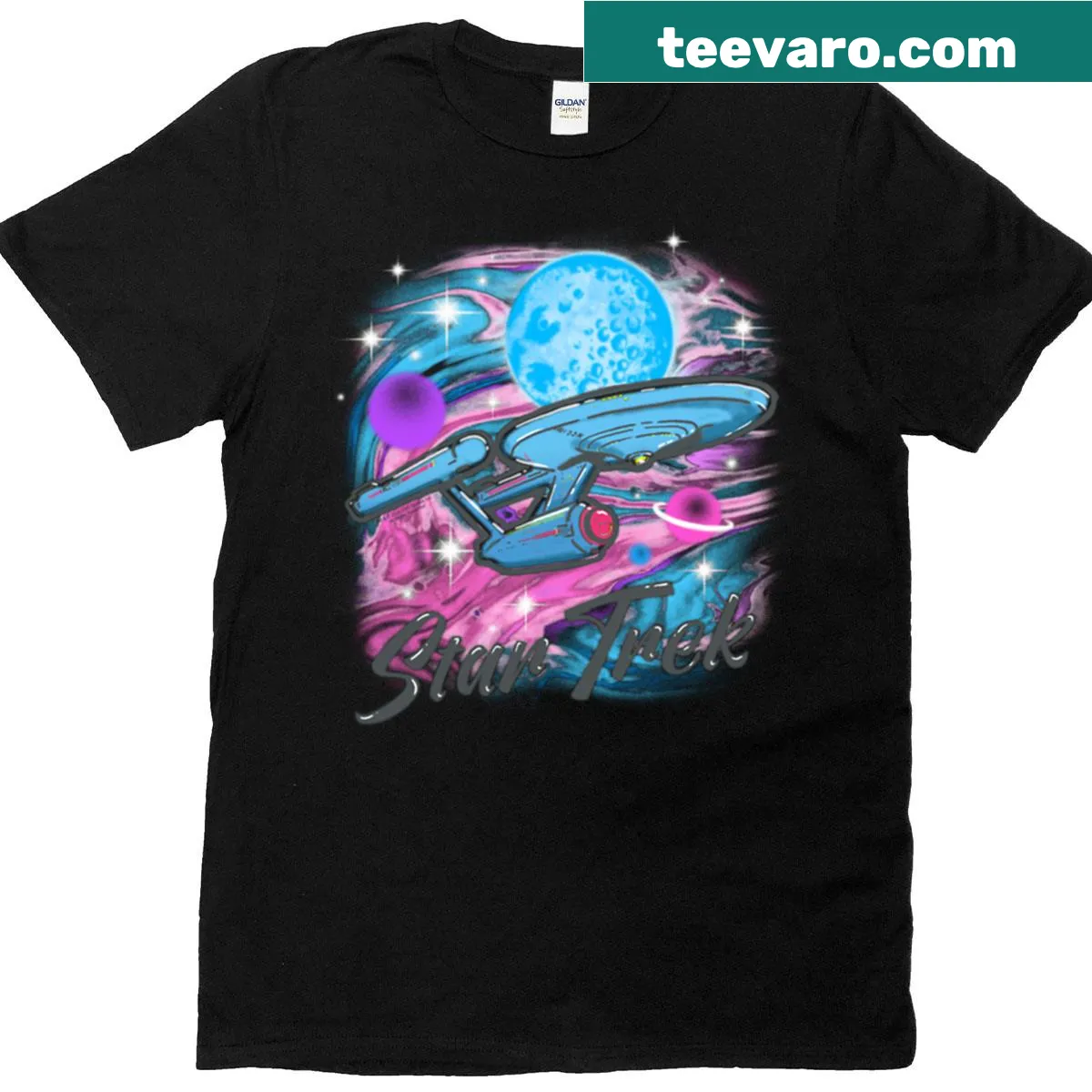 Retro airbrush design of Starship Enterprise on a t-shirt — on a men's t-shirt