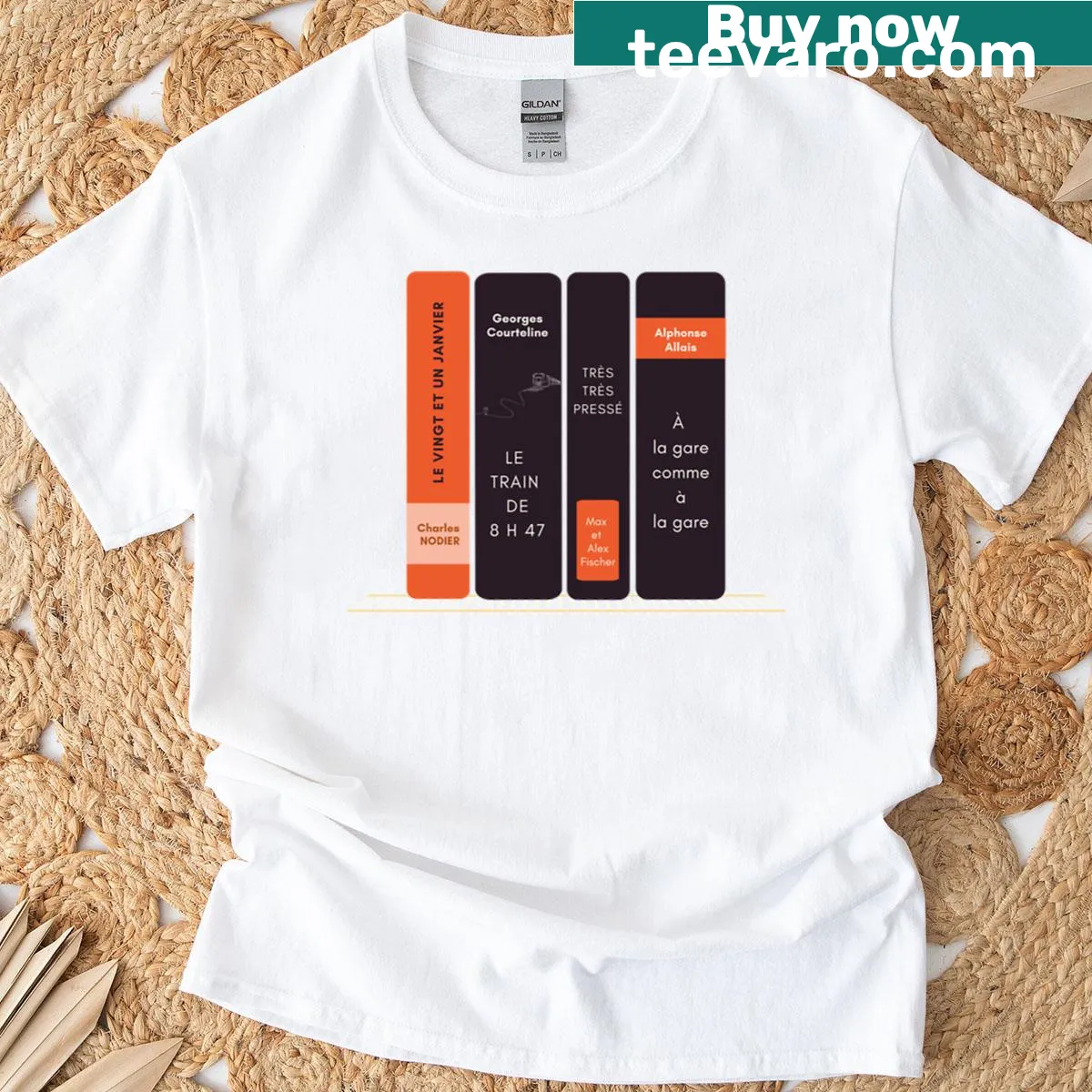 Vintage literary collage T-shirt with oversized fit and train design — on a men's t-shirt