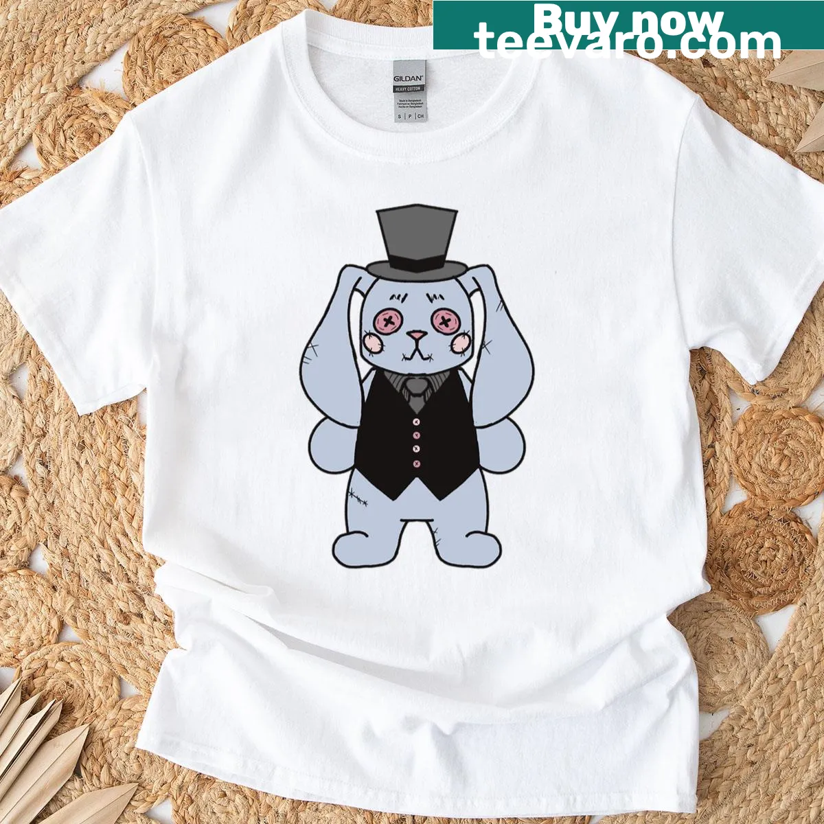 Oversized t-shirt featuring a cartoon stuffed bunny in a suit and top hat — on a men's t-shirt