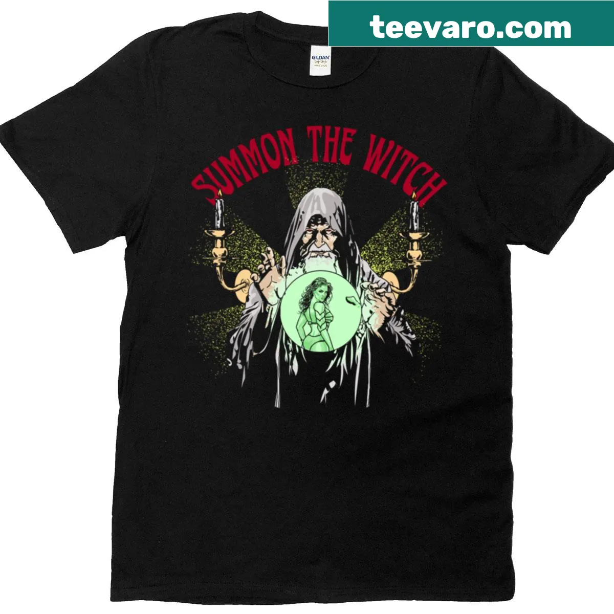 Graphic T-shirt featuring a witch design with dark fantasy elements — on a men's t-shirt