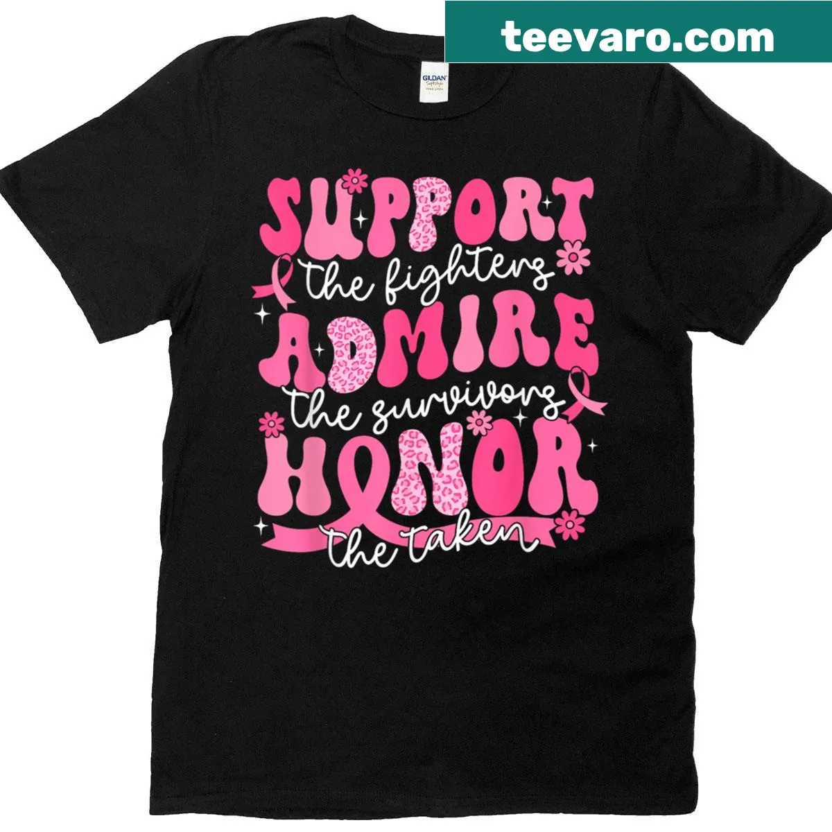 Breast cancer awareness T-shirt with warrior ribbon and supportive phrases — on a men's t-shirt