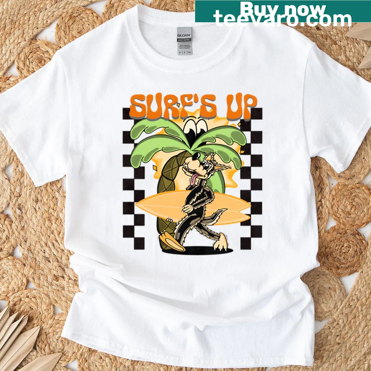 Retro T-shirt featuring a playful surf wolf design. — on a men's t-shirt