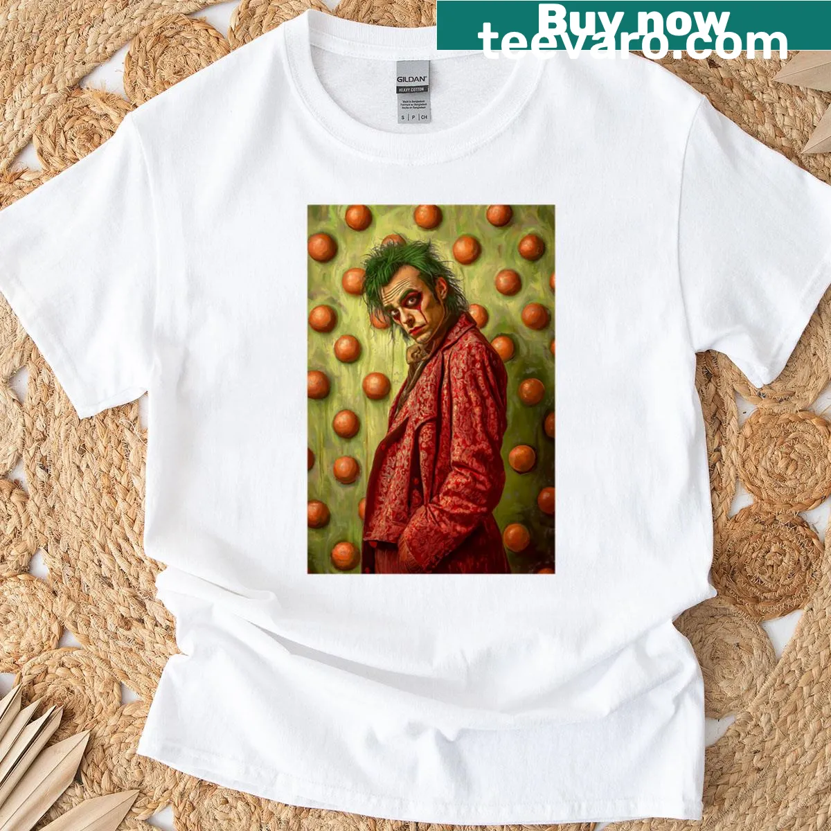 Oversized steampunk circus clown graphic in a fantasy setting — on a men's t-shirt