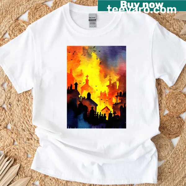 T-shirt featuring bats flying across a stylized sky