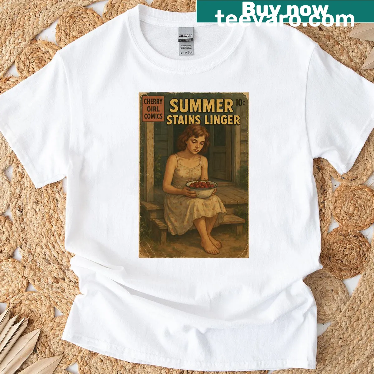 Cute T-shirt featuring an illustration of cherries celebrating summer. — on a men's t-shirt