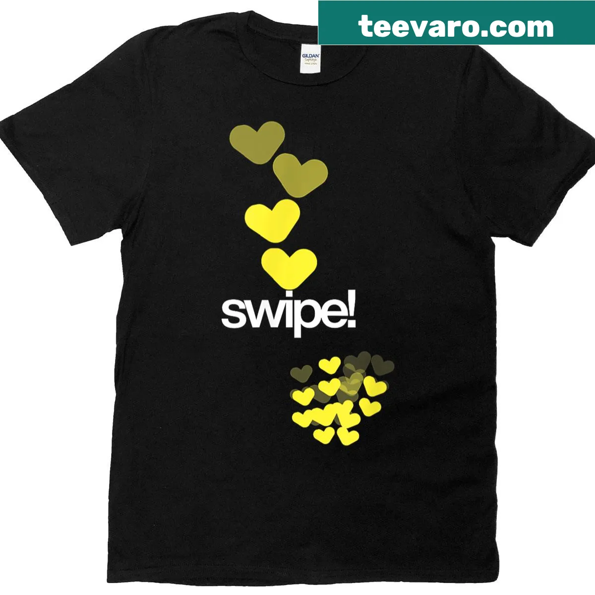 T-shirt featuring an abstract design of fading yellow hearts and typography — on a men's t-shirt