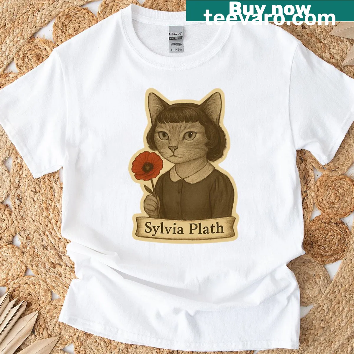 Vintage-style t-shirt with Sylvia Plath portrait and cat illustration — on a men's t-shirt