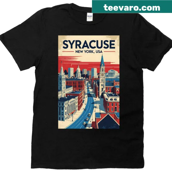 Vintage travel t-shirt featuring Syracuse, New York from the 1950s.