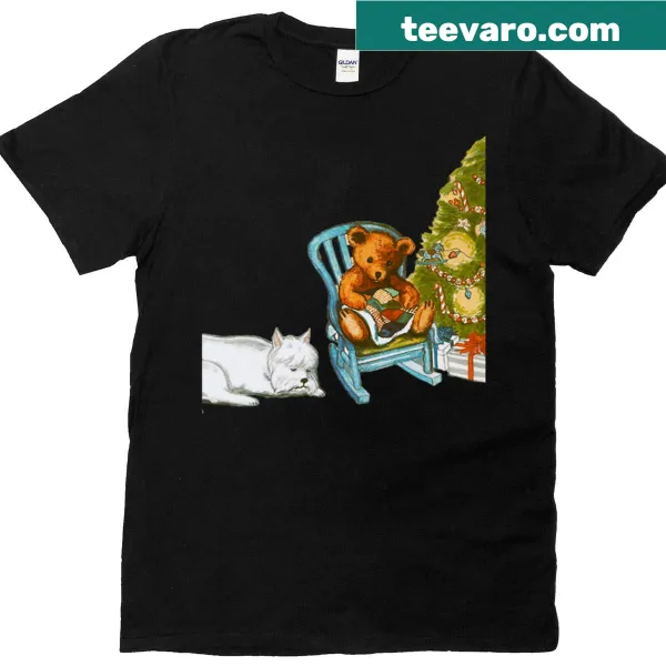 Vintage illustrated T-shirt depicting a teddy bear by a Christmas tree and a sleeping dog