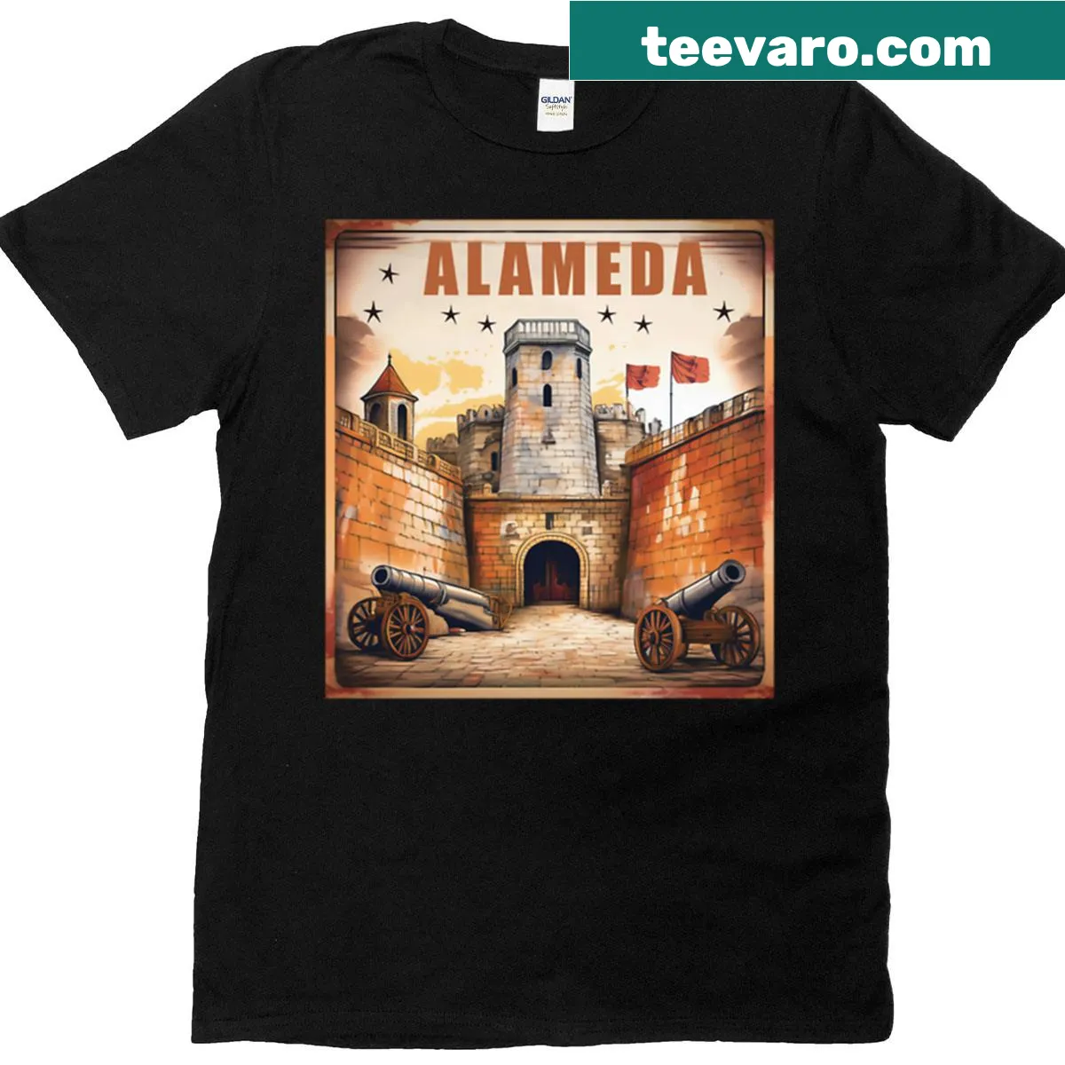 Badge-style emblem t-shirt commemorating The Last Stand Of Alameda — on a men's t-shirt